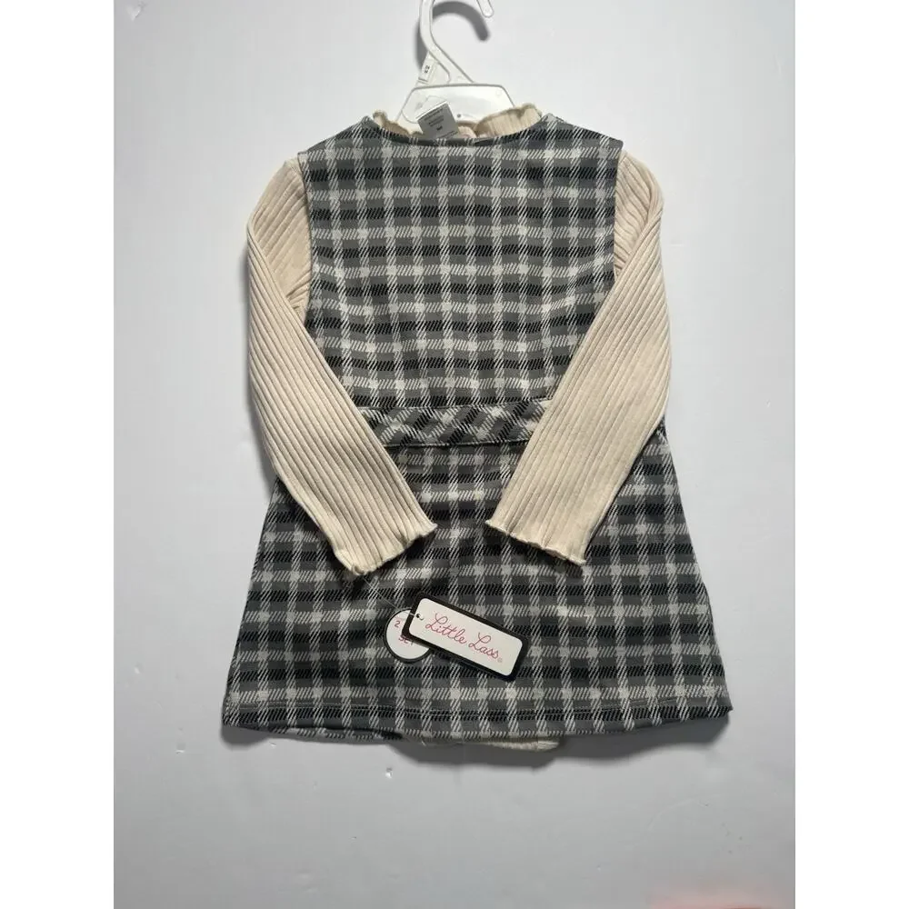 Little Lass 2 Piece Dress Bodysuit Set 24M Gray Plaid Long Sleeve NWT Toddler